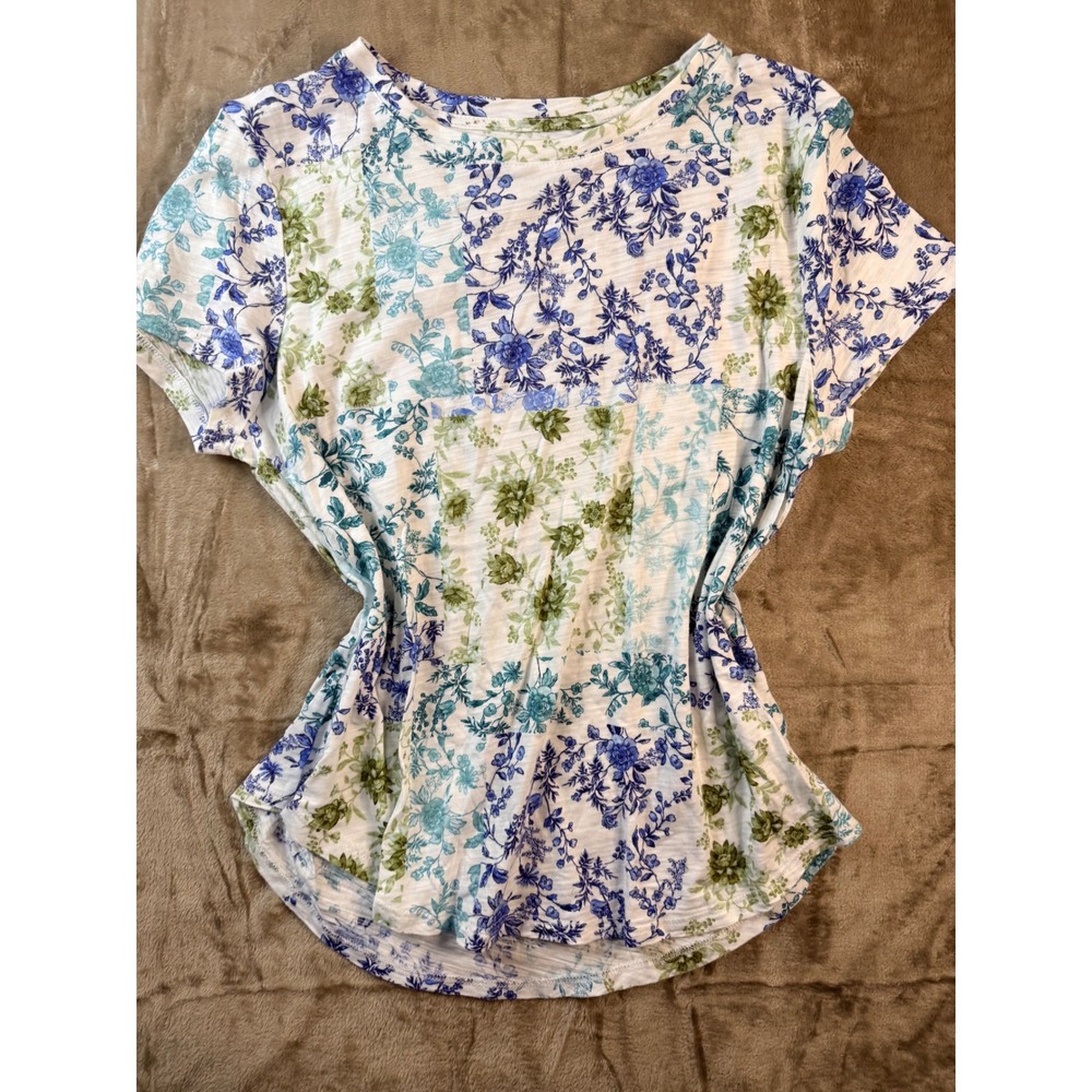Blue Sol Petite Lora Floral Patchwork Short Sleeve Top Blue Green Size L